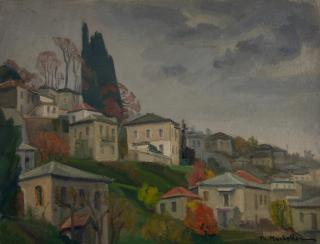 Zagora Evening toward the Cypresses — Oil painting, Canvas, 50.00×65.00cm — Theodoros Markellos